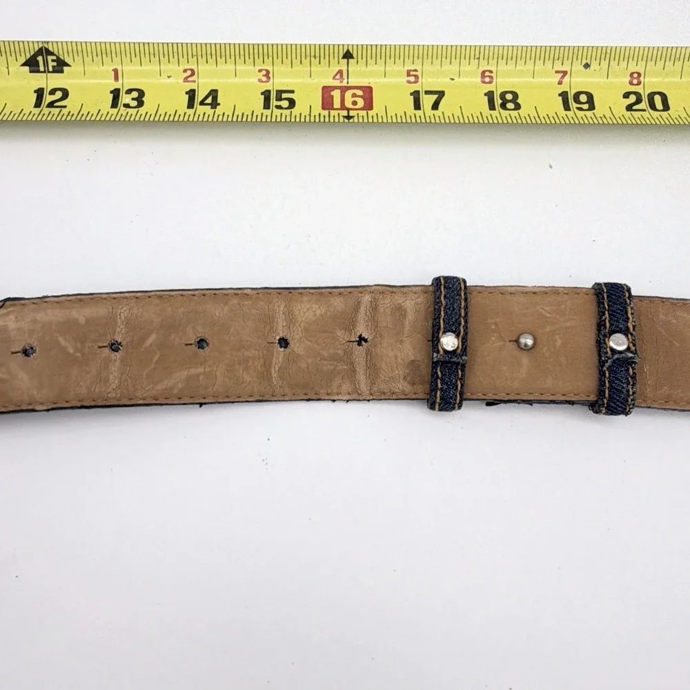 VTG Denim Leather Belt Peacock Feathers Leopard Silver Tone Buckle Adjustable